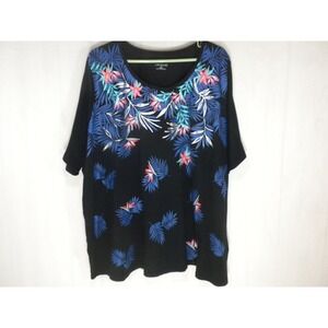 Catherines Top 3X Black Blue Floral Hawaiian‎ Tropical Short Sleeve Scoop Neck